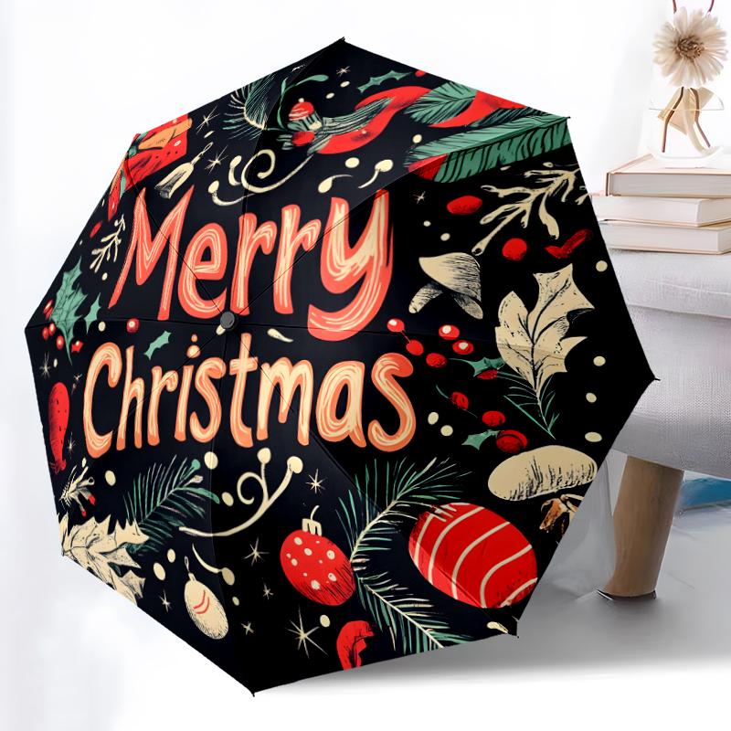 1pc Sturdy 8-Bone Auto Umbrella, Christmas elements Merry Christmas Umbrella, Digital Printed, Foldable Umbrella for On-the-Go Outdoor Use