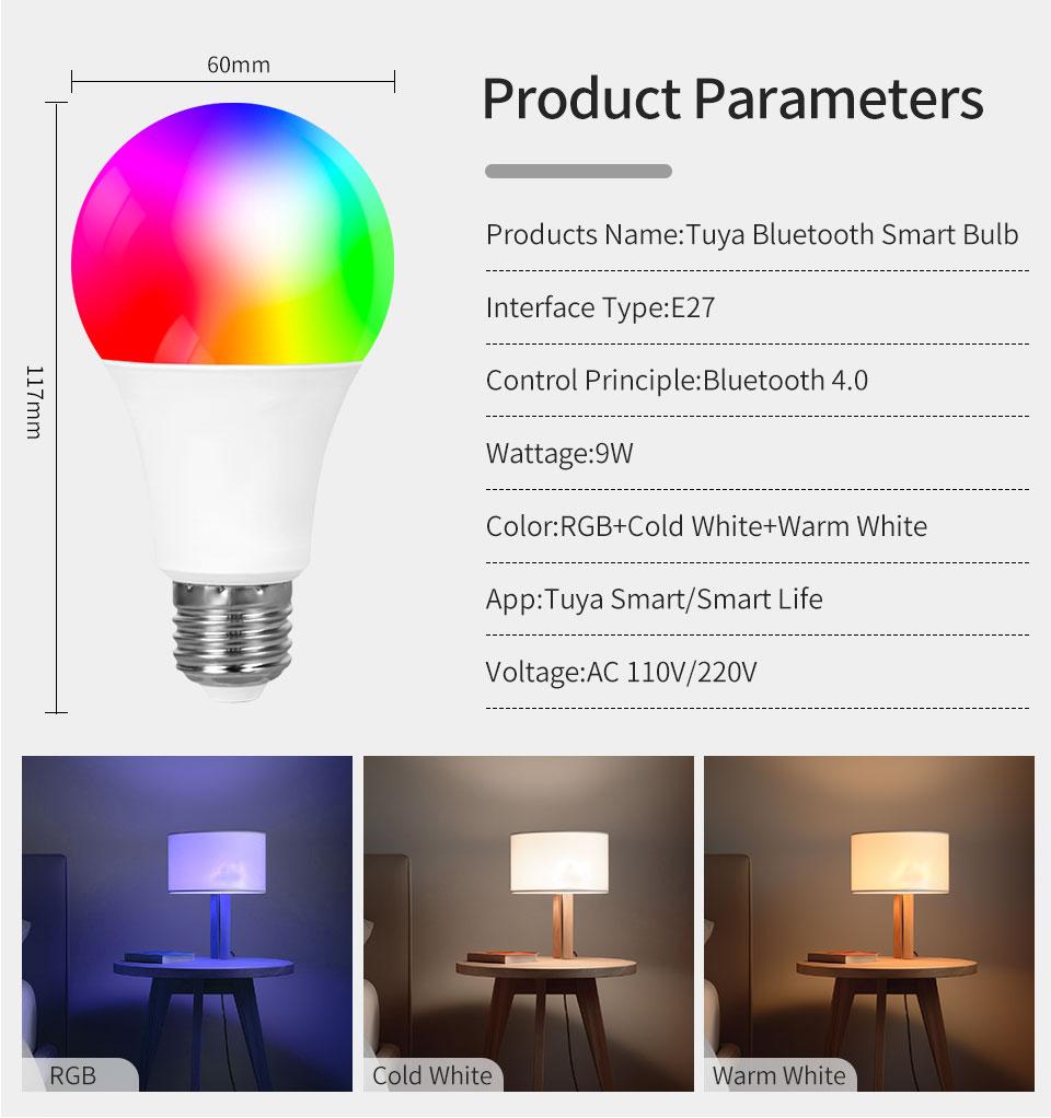 AC 220V 110V Tuya Smart Bluetooth LED Light Bulb E27 9W RGB Lamp APP Control Dimmable Lampada Timer Function Color Changeable