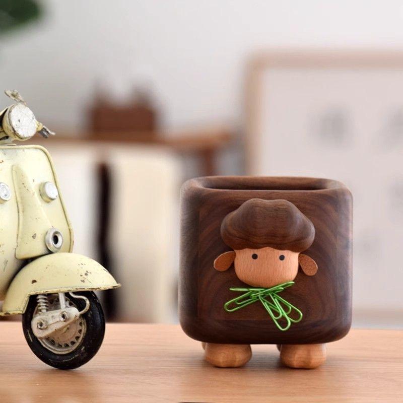 Solid Wood Pen Holder Office Desk Organizer Creative Sheep Pencil Cup Storage Box Birthday Gift Walnut Desktop Decoration