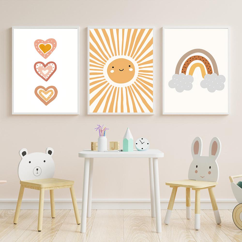 Cute Cartoon Nursery Wall Sun Rainbow Poster Print Animal Kids Room Painting Print Child Little Bear Flower Canvas Home Decor