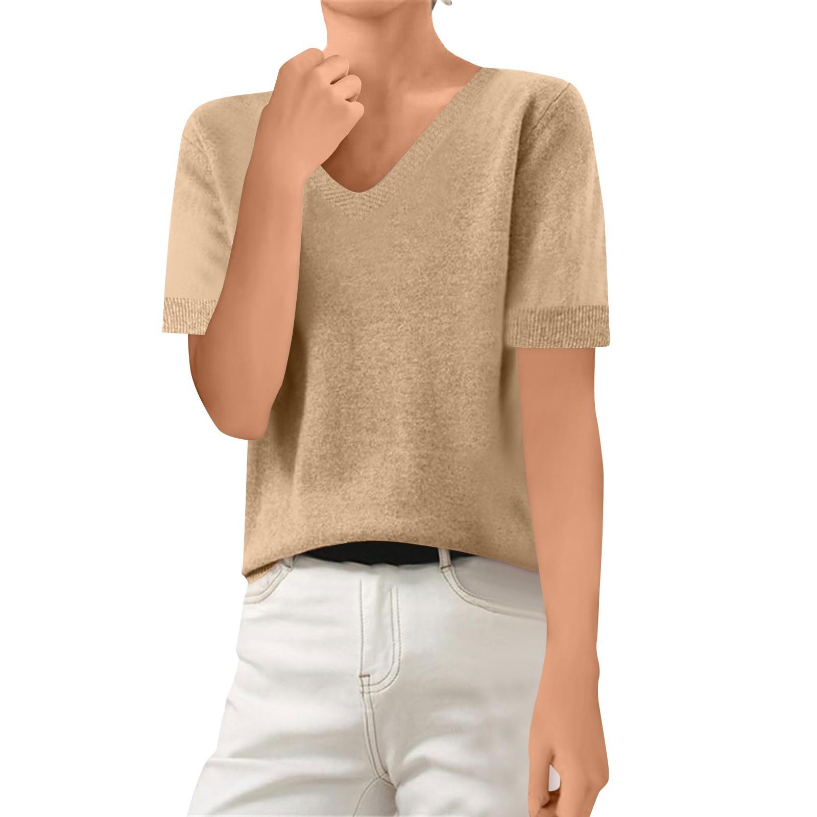 

Женская мода свитер с короткими рукавами свитер футболка топ с V-образным вырезом XXL верблюд