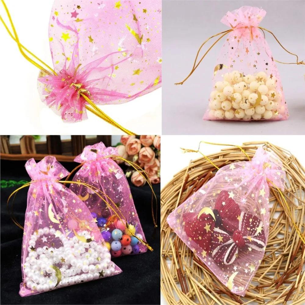 10pcs Organza Gift Bags Multicolor Moon & Star – Jewelry Pouches for Wedding, Party Favors, Candy, and Jewelry Packaging