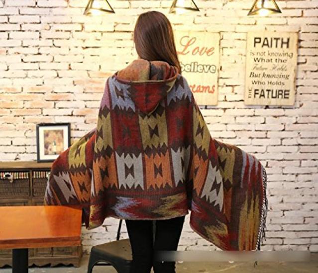Sarah Rose Wool Poncho Ethnic Bohemian Print Soft Women's Coat/Cape/Shawl, Hoodie, Silhouette, Fall/Winter (Khaki)