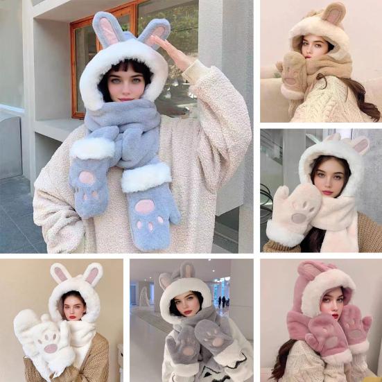 Women Hat Rabbit Ear Decor Thickened Warm 3 in 1 Hat Scarf Gloves Hiking Outings Shopping Winter Headwear