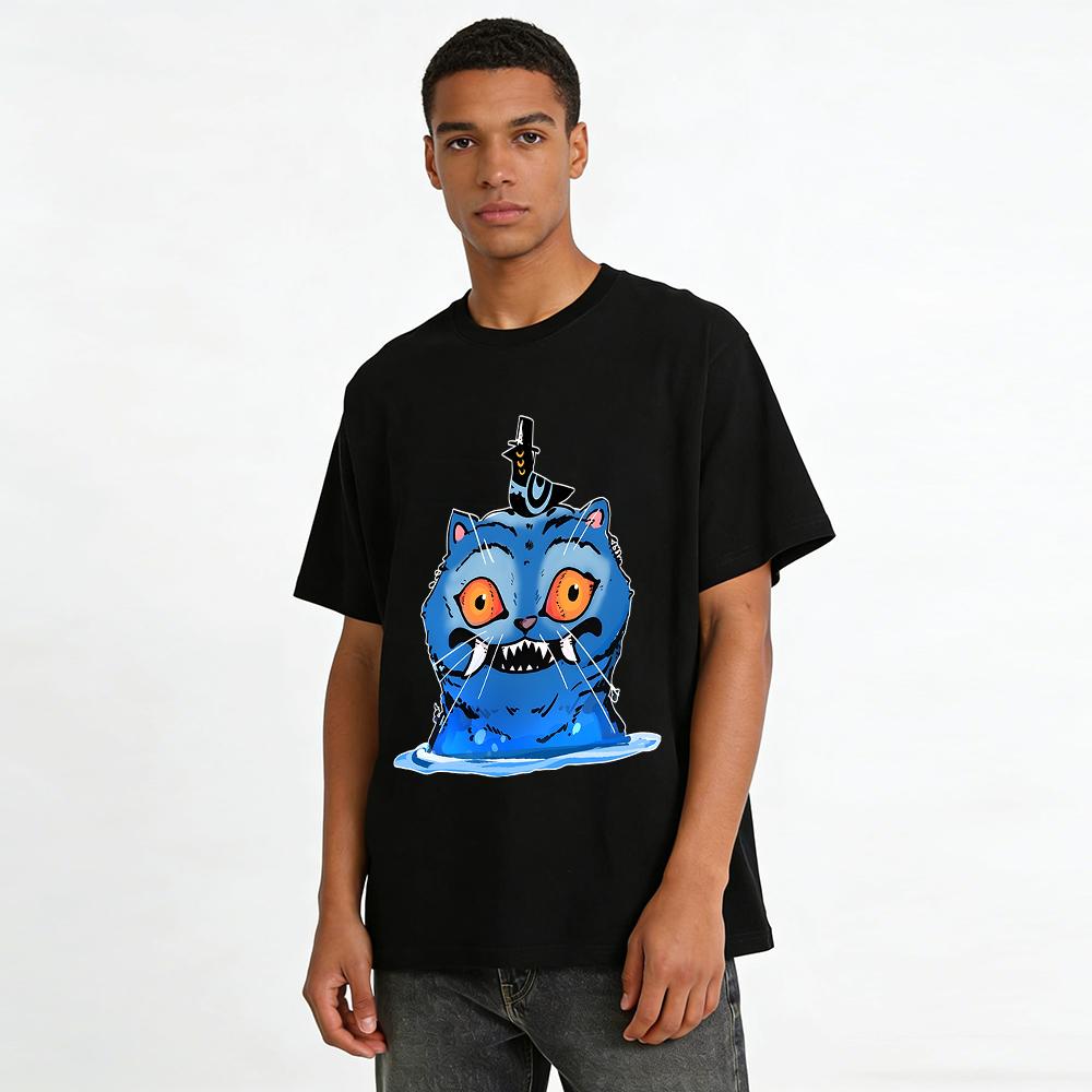 Weird Blue Cat Water Monster Print Casual Top Unisex Loose Breathable Daily T-Shirt Pure cotton T-shirt