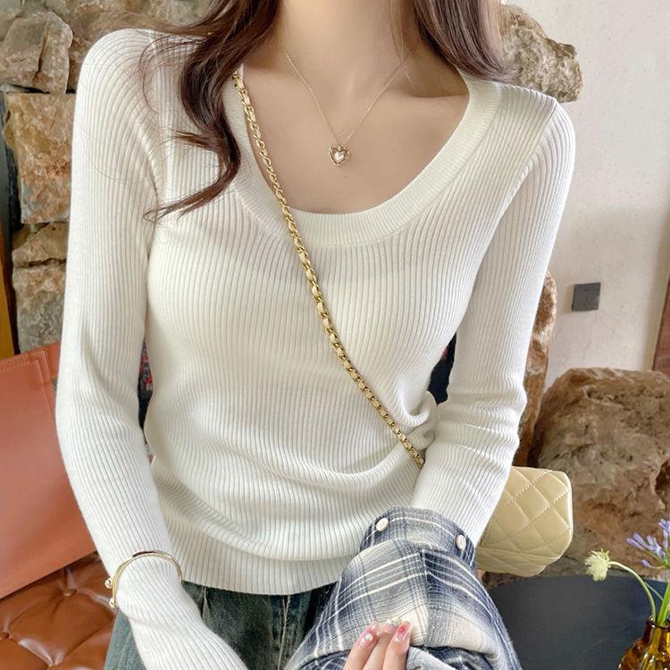 Korean Style Slim Fit U-Neck Long Sleeve Knitted Top for Women - Early Autumn 2024 Fashion Versatile Base Shirt