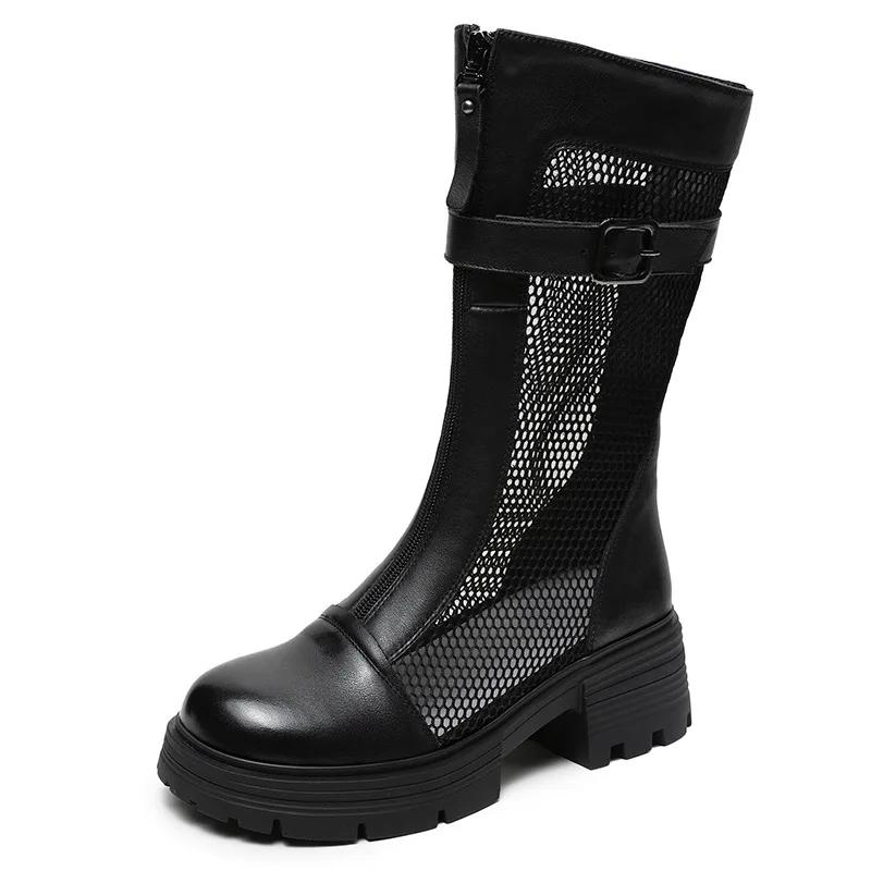 High Quality 5.5CM Air Mesh Genuine Leather Women Hollow Ankle Booties Sandals Shoes Platform Wedge Breathable Summer Fashion