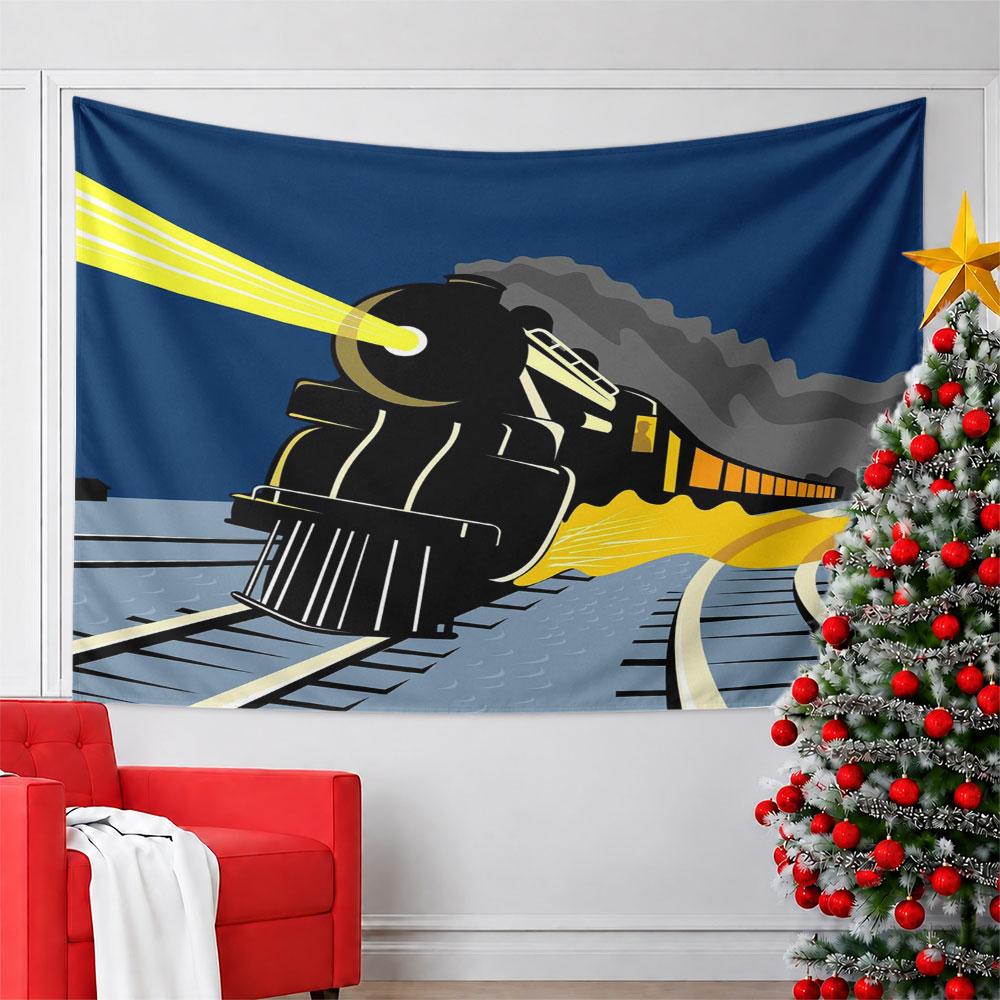 Vintage Night Train Illustration Pattern Wall Hanging Tapestry Decorative Tapestry Home Decor for Bedroom and Living Room