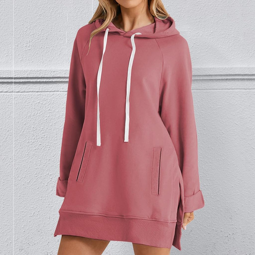 Women's Fashion Hooded Pocket Split-Hem Fleece-Lined Long-Sleeve Pullover Sweatshirt