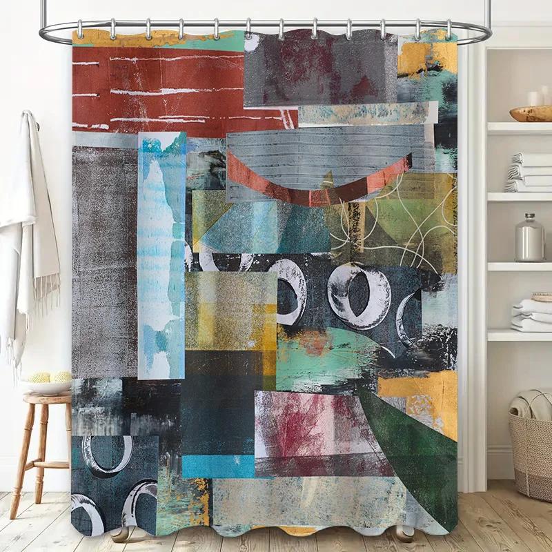 Modern Abstract Bathroom Shower Curtain Set Bold Colors Geometric Patterns Easy Installation for Home Decor