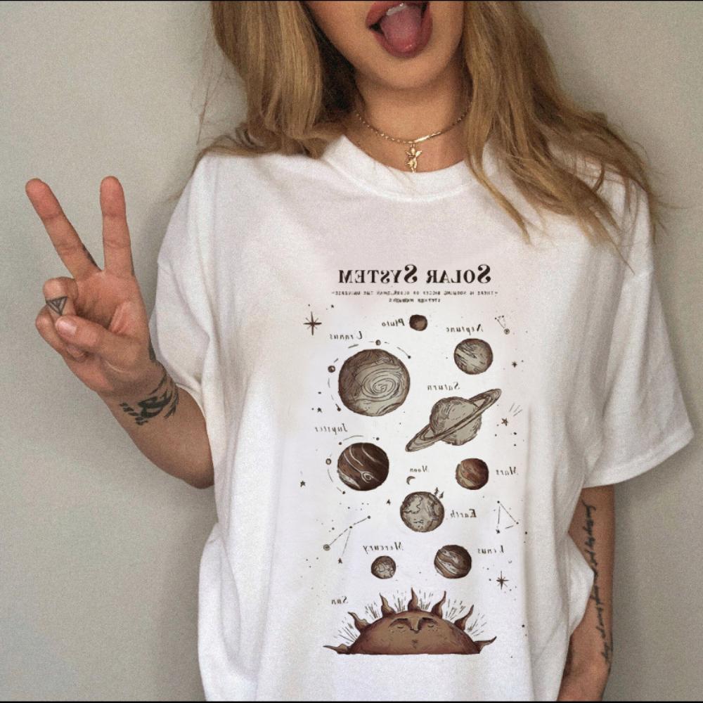 Women TShirt Retro Witch Style TShirt Y2K Aesthetic Casual Loose Fit Top Sun Moon Stars Harajuku Graphic Print Daily Streetwear