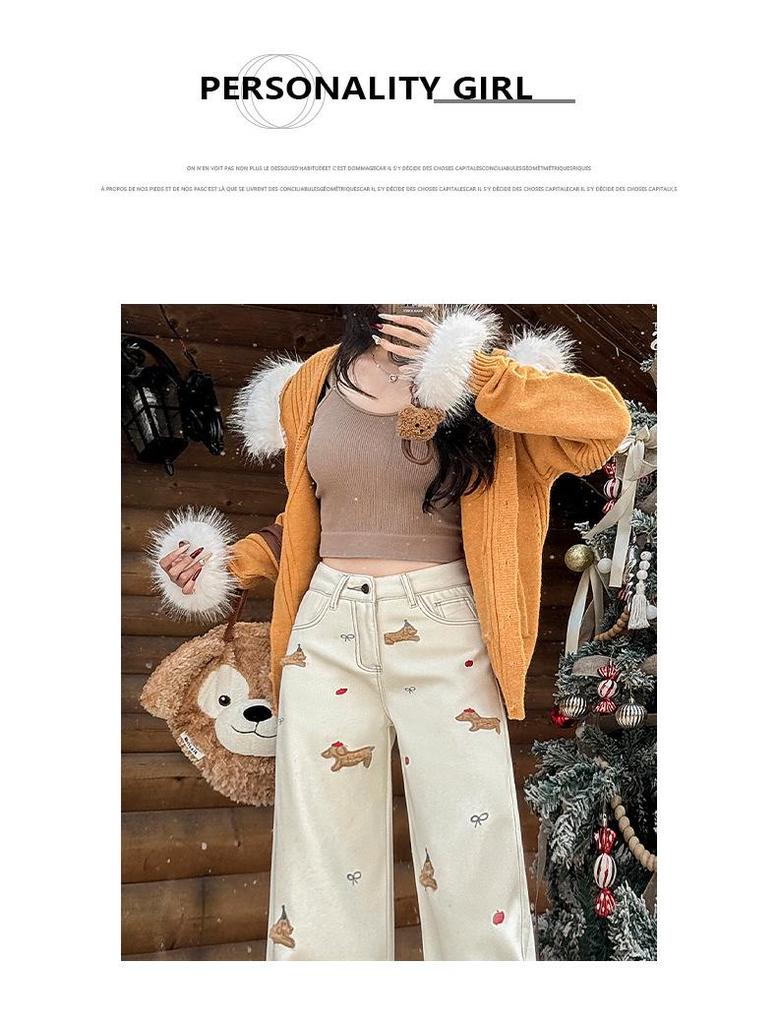 Women's Trendy High-Waist Embroidered Velvet Wide-Leg Jeans for Winter 2025