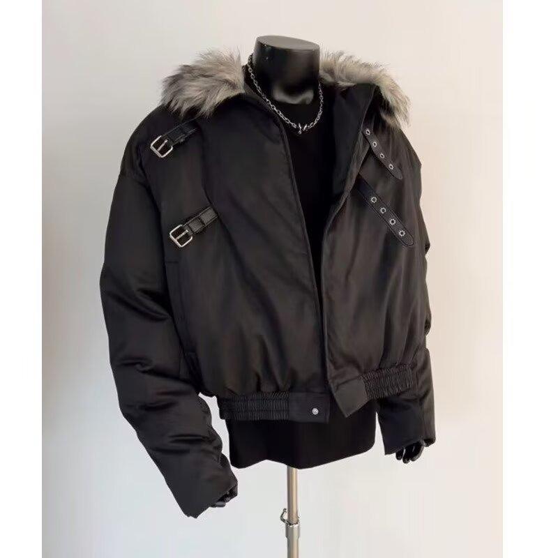 American Style Men's Winter Fur Collar Cotton Jacket - Deconstructed Design Trendy Outerwear