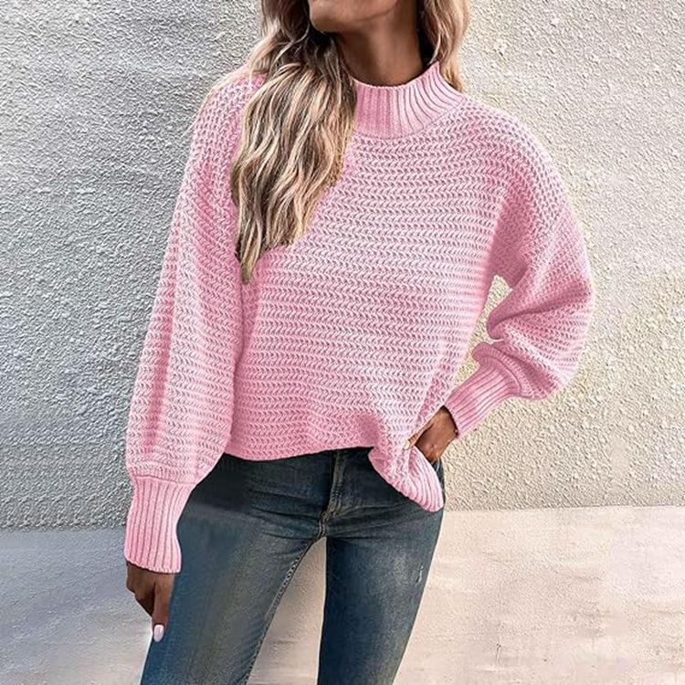 Women Warm Knitted Sweater Round Neck Pullover Jumpers Long Sleeve High Collar Knit Sweaters Tops Outerwear