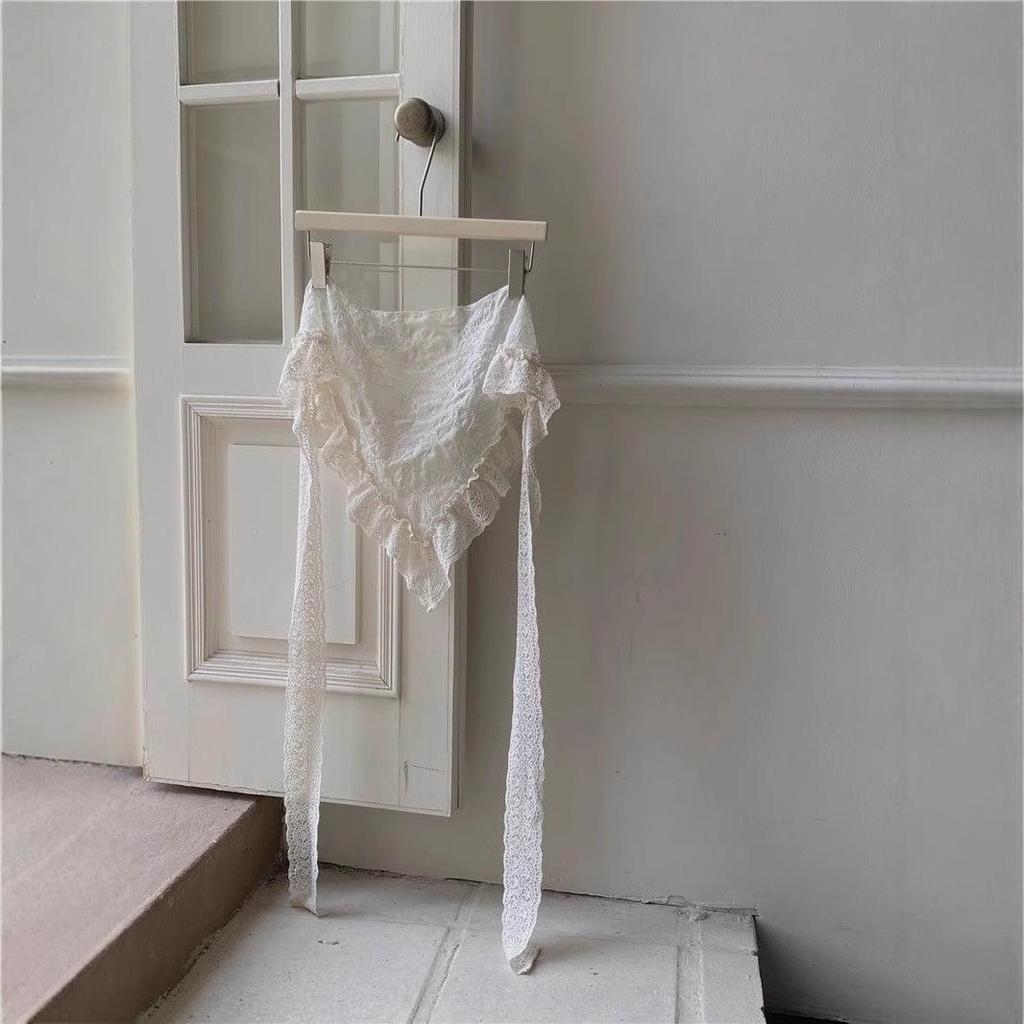 Retro Lace Trim Layered Midi Skirt for Women - Summer 2025 Sweet Style with Butt Cover Panel and Triangle Scarf