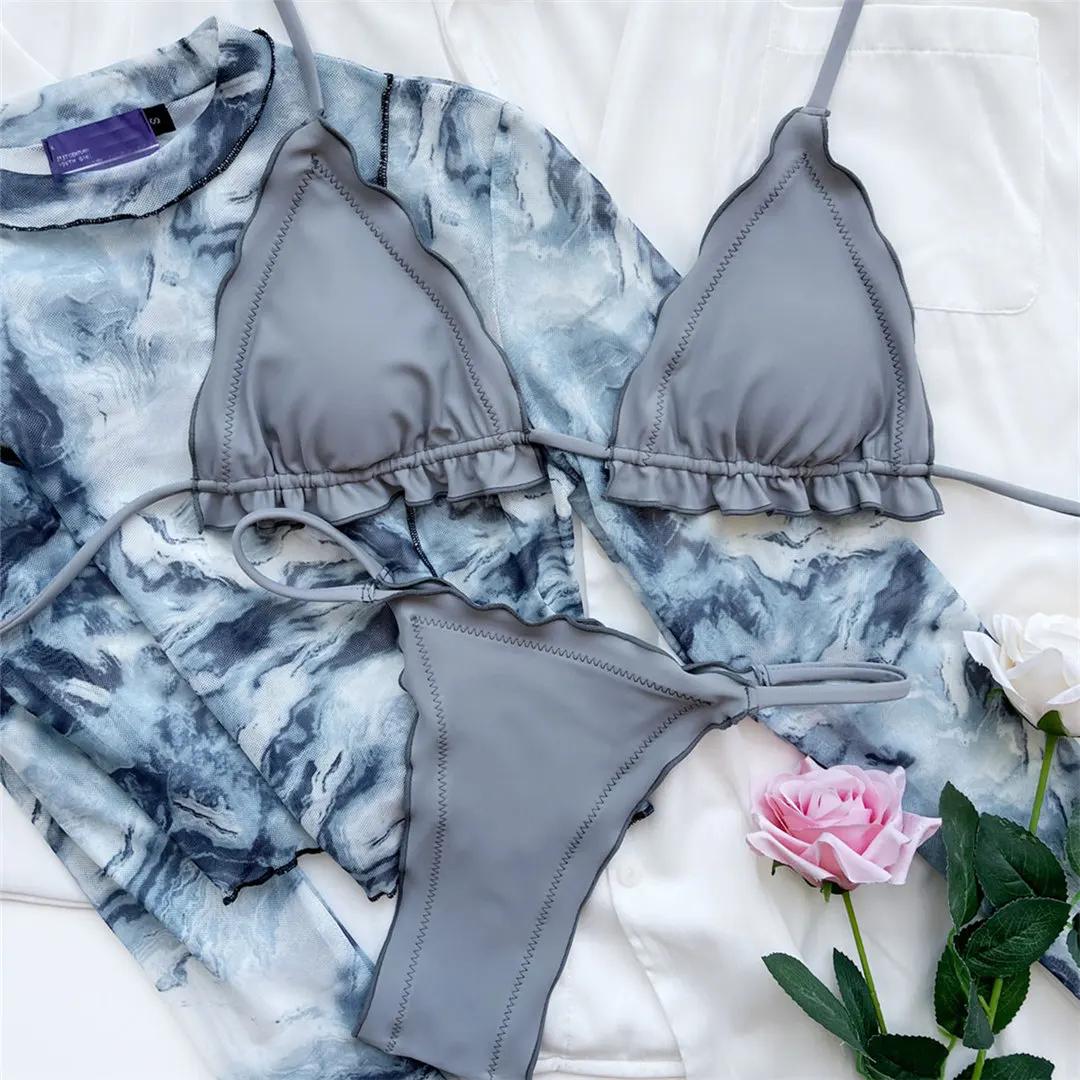 

Женский купальник бикини халтер с оборками и рюшами, купальник из двух частей с высоким вырезом, купальный костюм для плавания, женский K3392 S серый