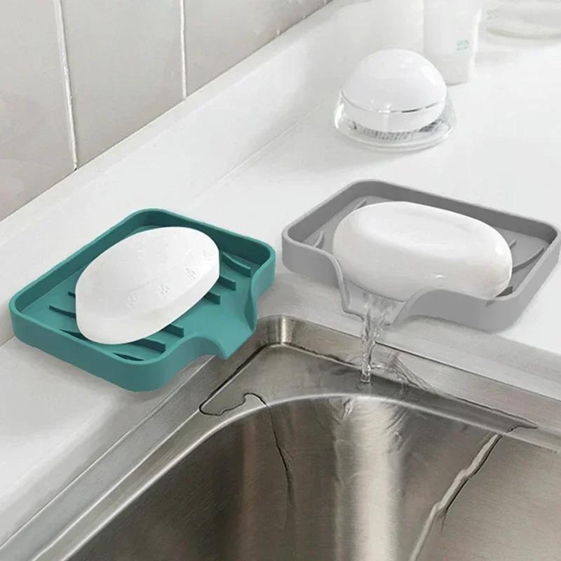 Silicone Drain Soap Box Anti-slip Self Draining Soap Tray Sink Tray Free Punch Drain Rack for Shower Bathroom Kitchen Bathtub