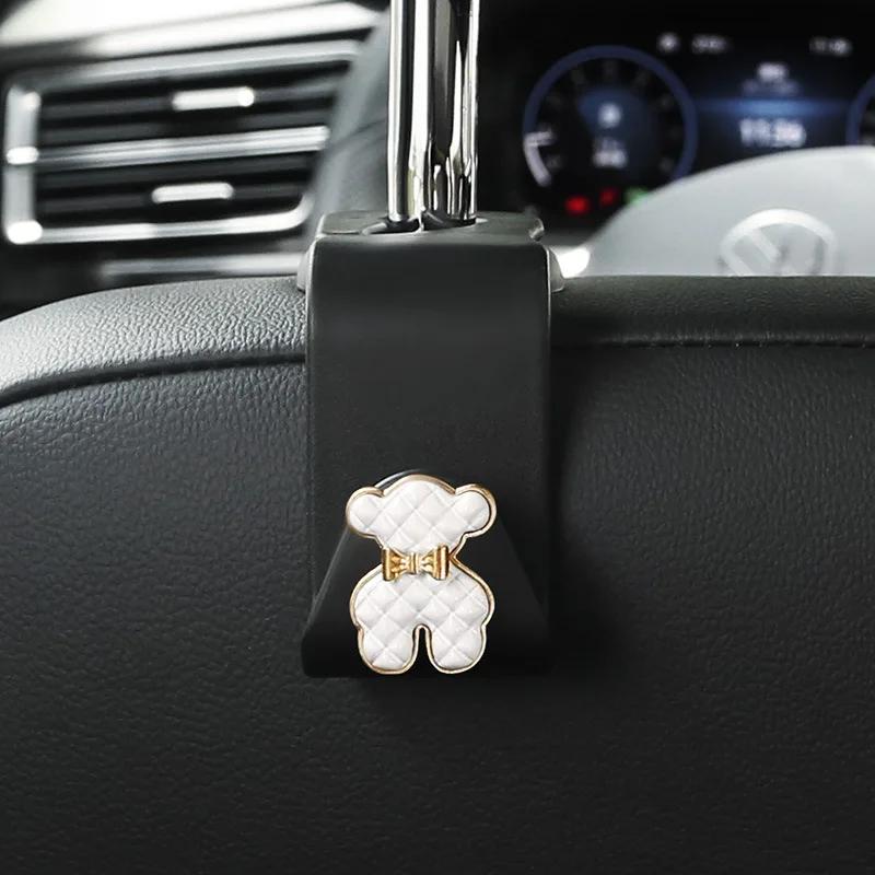 Cute Car Seat Back Hooks Diamond Camellia Flowers Decor Cartoon Bears Car Interior Storage Hook Handbag Hanging Holder Hook
