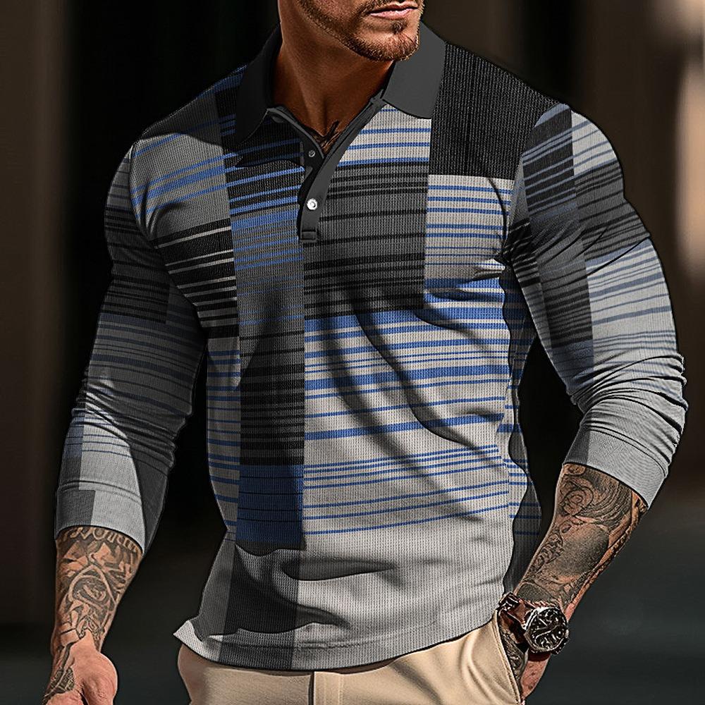 Men's Polo Shirt Autumn and Winter New Digital Printing T-shirt Casual Retro Long-sleeved Sweatshirt