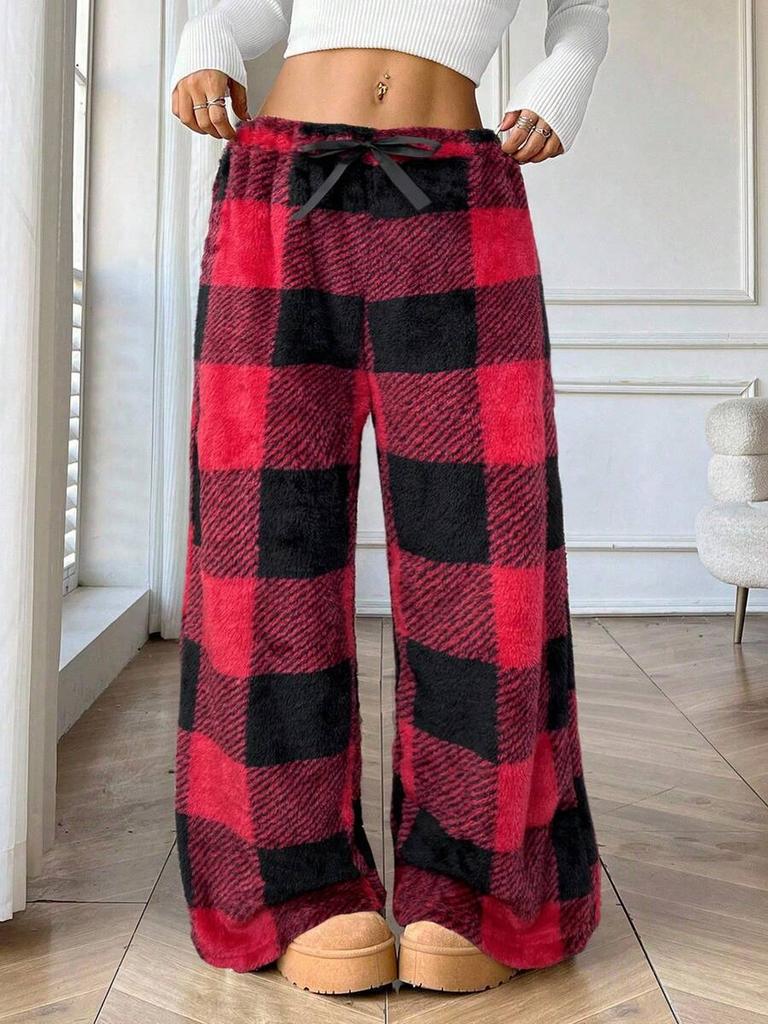 Winter New Women's Plaid Casual Pants with Elastic Waist and Fleece