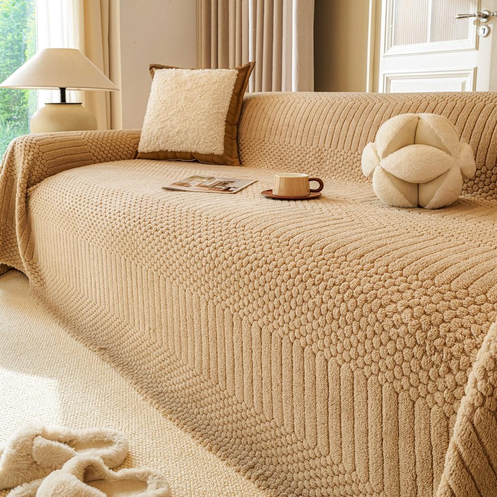 1pc Bohemian Jacquard Warm Tuffed Fleece Sofa Towel, Boho Style Soft Leiusre Thick Blanket for Living Room Couch Sofa Cover