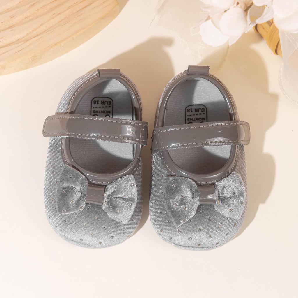 2025 Girls' Velvet Bow Princess Walker Shoes - Soft Sole, Korean Style