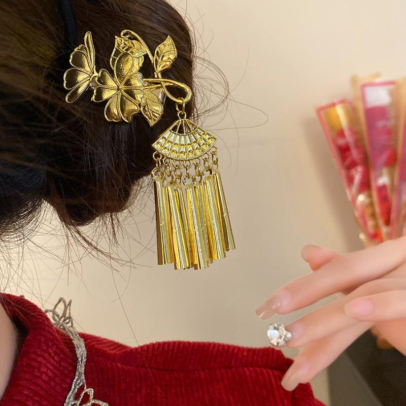 Vintage Gold Tassel Hair Clip Elegant Ethnic Style Hairpin Side Clip Headdress Chinese Style Hair Accessories