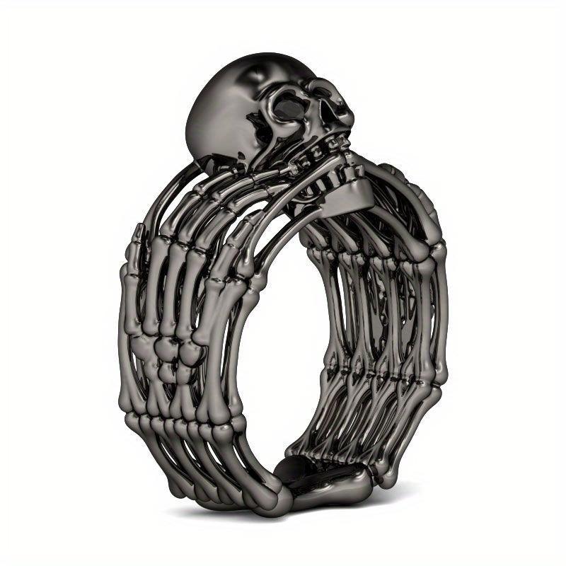 Skull & Skeleton Hands Black Ring, Suitable for Independence Day Parties, Skeleton Skeleton Shape, Exaggerated Personality, Full of Dark Cool Feeling.