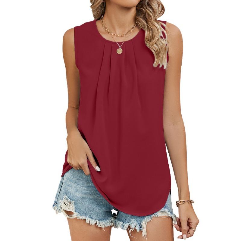 Summer Pleated Round Neck Fashion Vest Sleeveless Top Chiffon Shirt