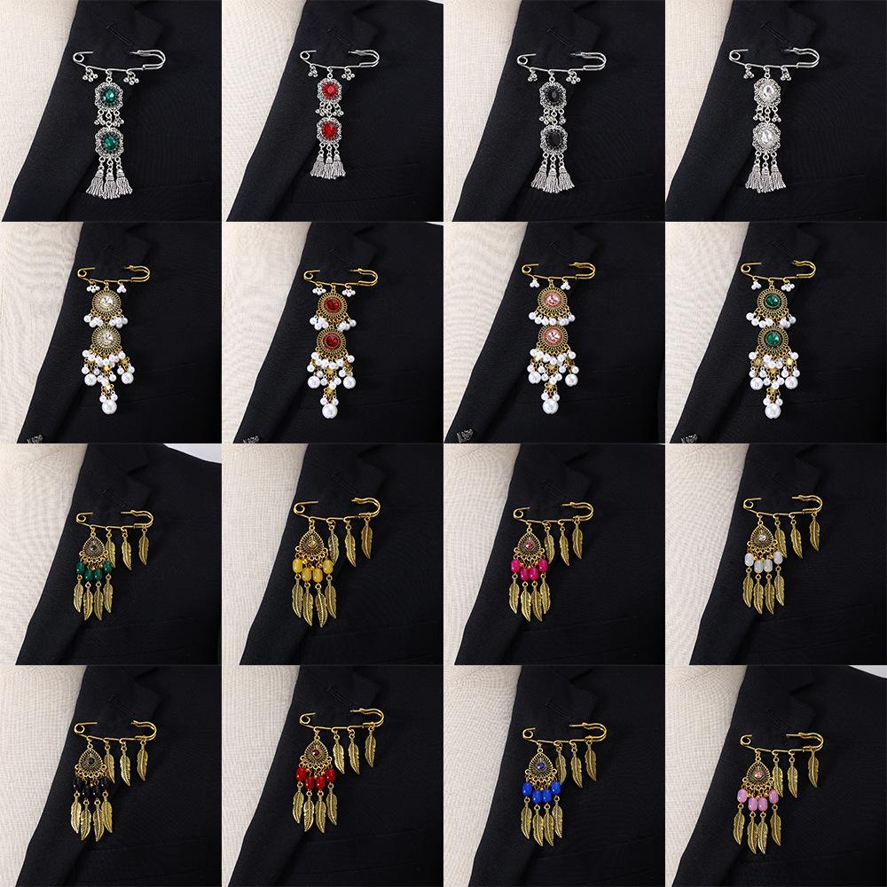 Bohemian Rhinestone Flower Tassel Brooch for Women - Exotic Style Suit Coat Pin