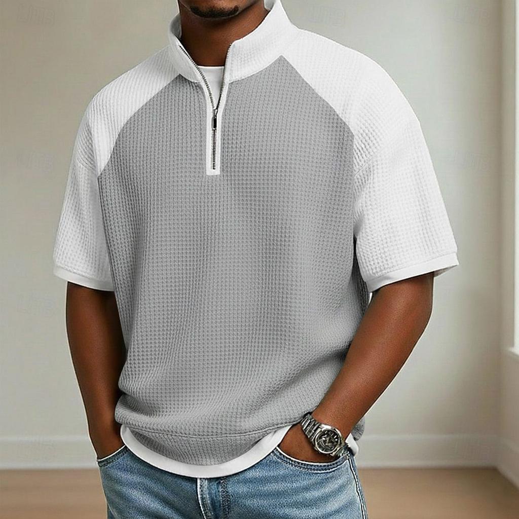 Men's Stand Collar Half Zipper Raglan Sleeve Color Block Casual Short-Sleeve Top