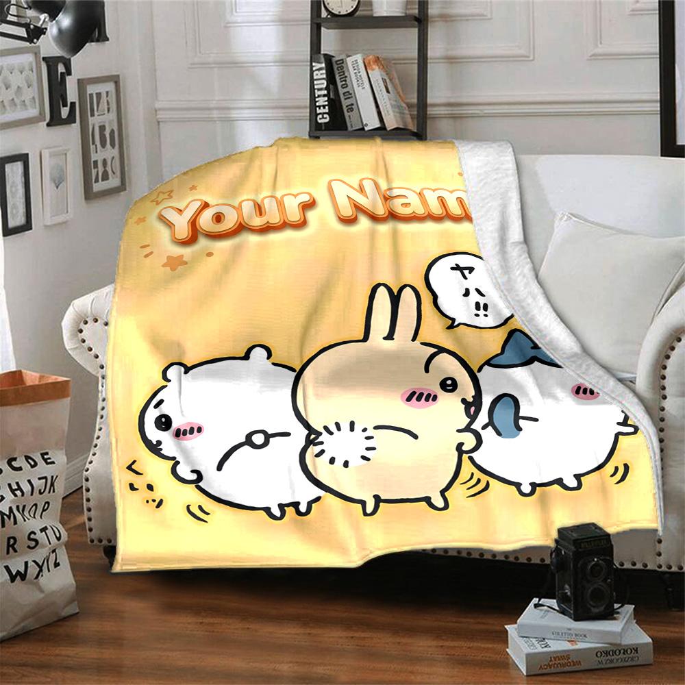 1pc Chiikawa Blanket with Custom Name, Gift, for Men and Women, Soft Blanket, Good for Sofa Bed Couch Travel, Lightweight Flannel Blanket