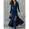 Damen Maxikleid mit Umlegekragen und langen Ärmeln, schmale Passform, mittlere Taille, asymmetrisches Kleid im Vintage-Stil