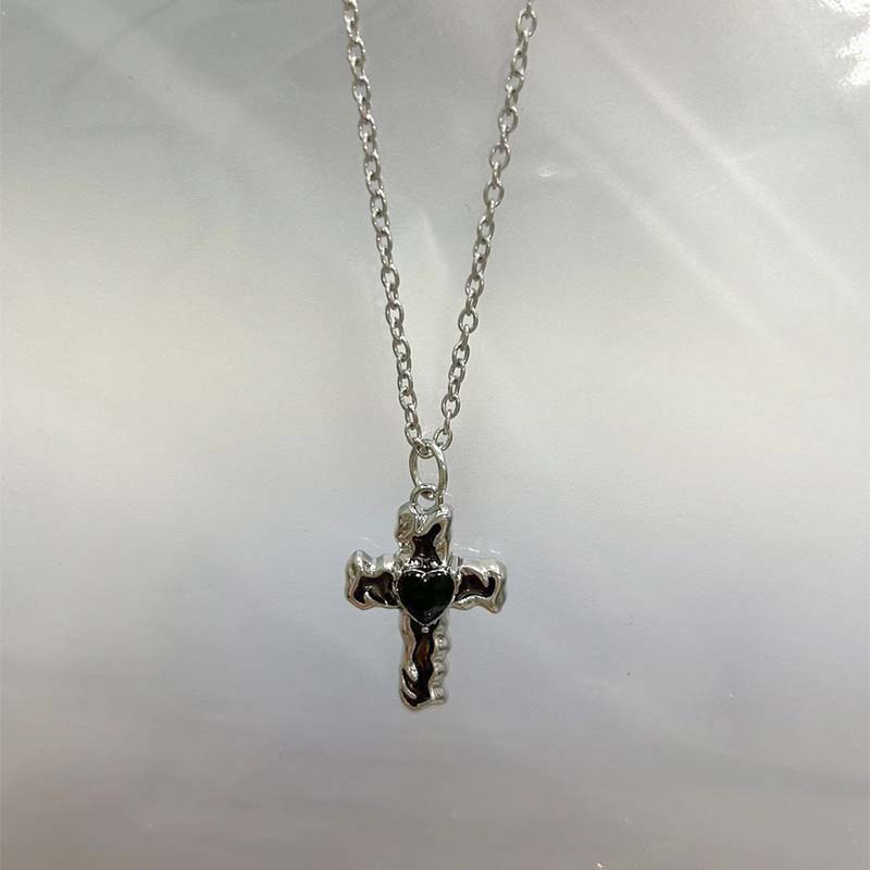 Y2K Silver Color Cross Pendant Necklaces for Women Sweet Cool Metal Double Layer Beaded Rivet Long Tassel Necklaces Jewelry