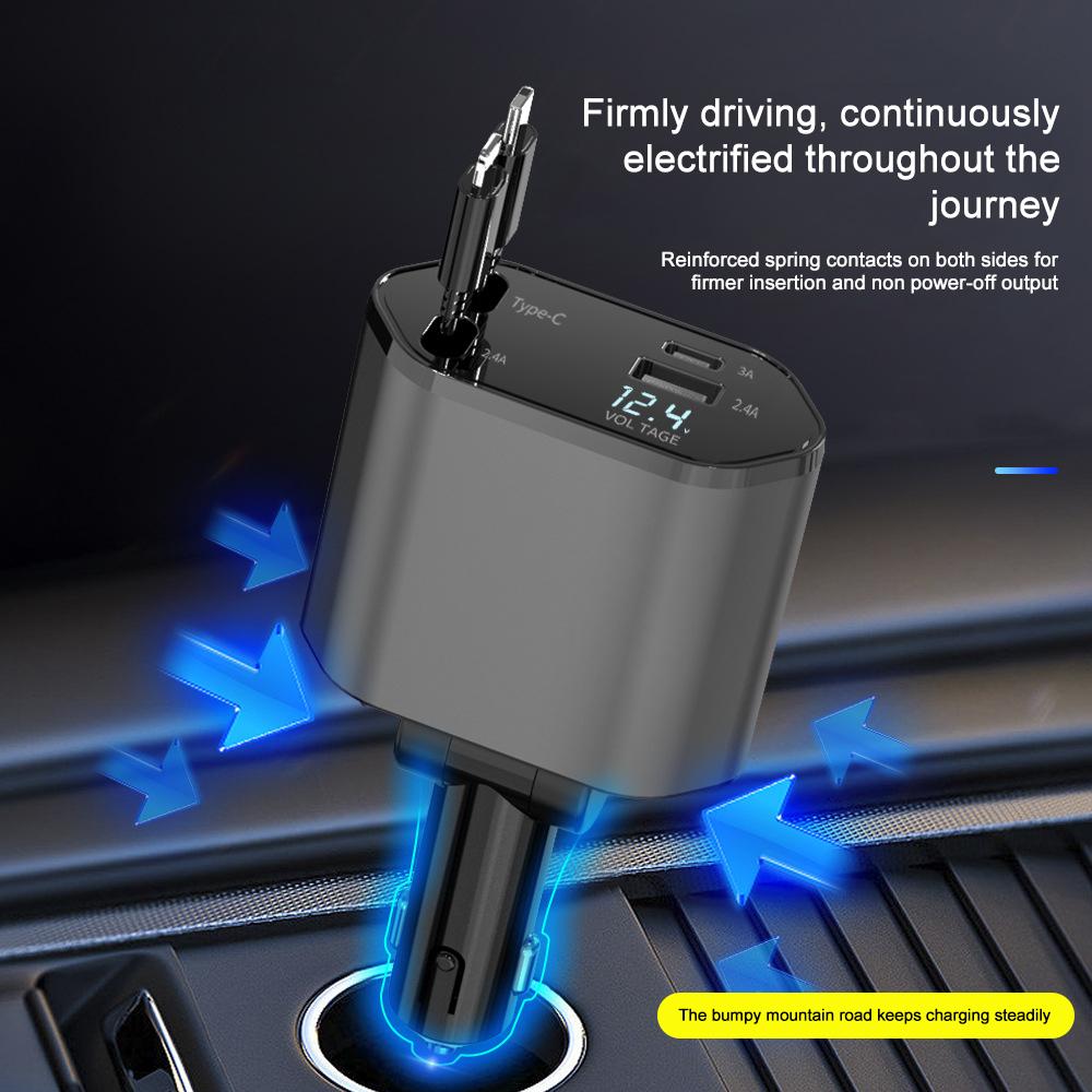 Cargador Rápido para Coche PD de 100W + USB Tipo C con 2 Cables Retráctiles Cargador de Teléfono para Coche Voltímetro Adaptador de Corriente 4 en 1 para IPhone IPad