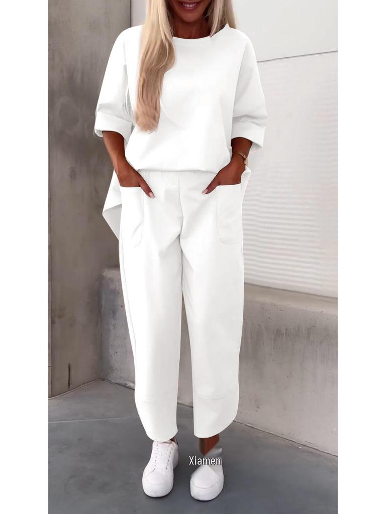 2024 Autumn/Winter Women's Solid Crew Neck Long Sleeve Set with Pocket Pants.