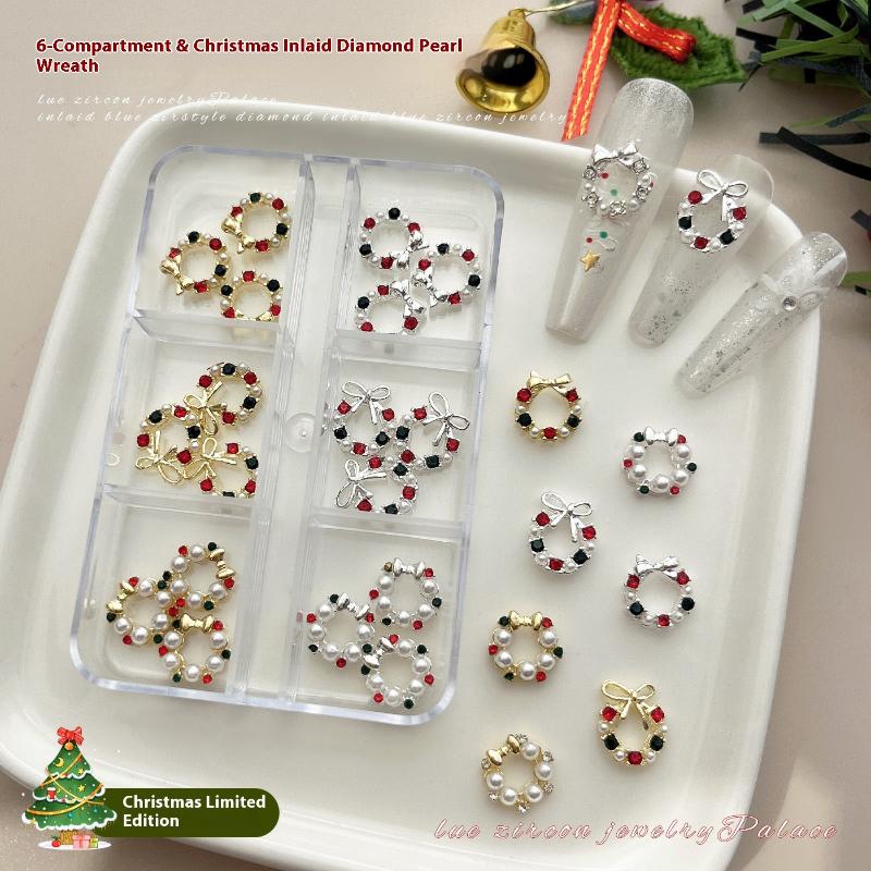 6 Grids Christmas Wreath Nail Art Rhinestone With Pearls Mixed Size Nail Parts Accessories DIY Decoration