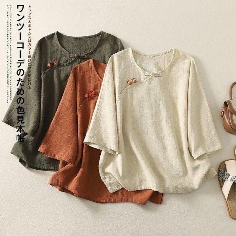 Women Chinese Style Frog Button Round Neck Three Quarter Sleeve Linen Cotton Blend Blouse