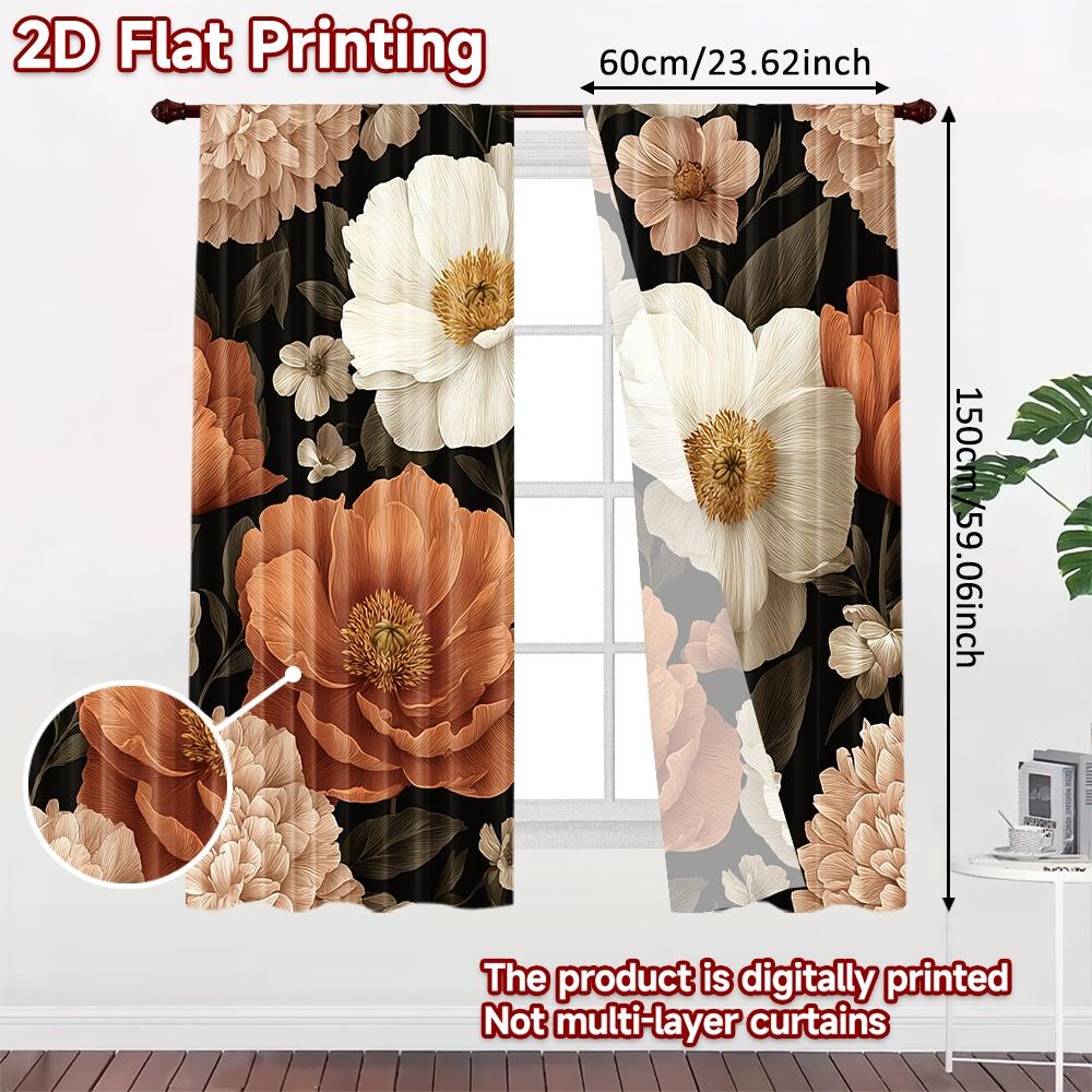 2D FLAT PRINTING 2pcs Curtains (Without Rod) Floral Elegance on Black (4) Easter Festival Fashion Curtains Fabric Curtains Gifts