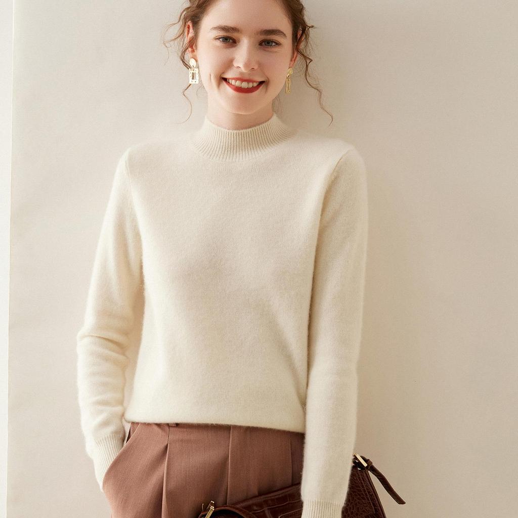 Women's Double-Strand Cashmere Half-High Collar Sweater – Autumn & Winter Loose Long Sleeve Knit Pullover