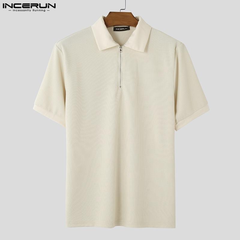 INCERUN Letnie Męskie Koszulki Polo z Zamkiem i Teksturą, Krótki Rękaw, Casualowe Top