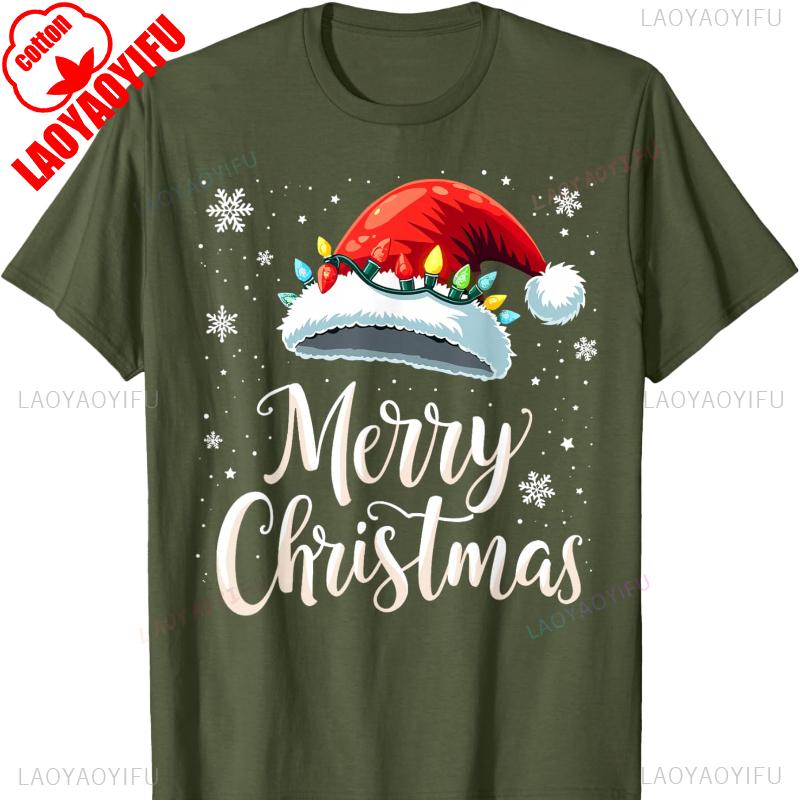 Red Santa Hat Christmas Tshirt with Christmas LightsMen and Women Crew Neck Short Sleeve Cotton Top Casual Fashion Comfortable