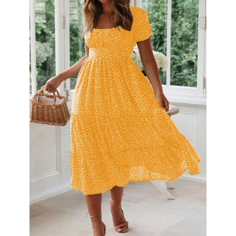 Vestidos Vintage Vintage Print Puff Sleeve Summer Beach Sweet Dresses Casual Square Collar Floral Maxi Long Dress