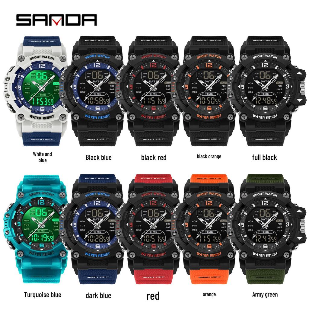 Sanda Dual-Movement Sports Watch with Countdown, Alarm, Night Light, Waterproof, and Multi-Function Features for Students.