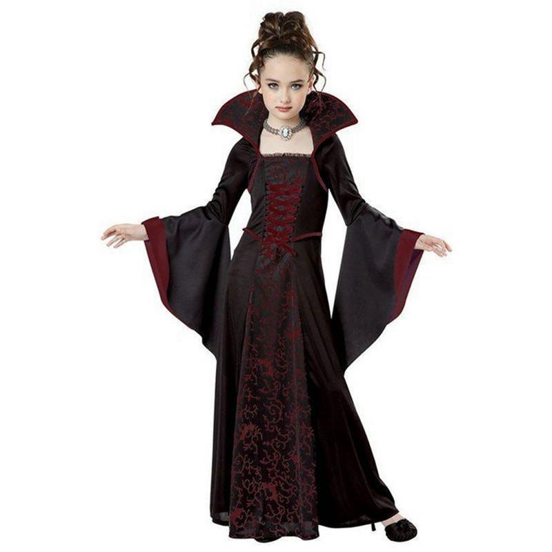 Children's Witch Costume Halloween Long Dress Vintage Stand Collar Flared Sleeve Printed Dress
