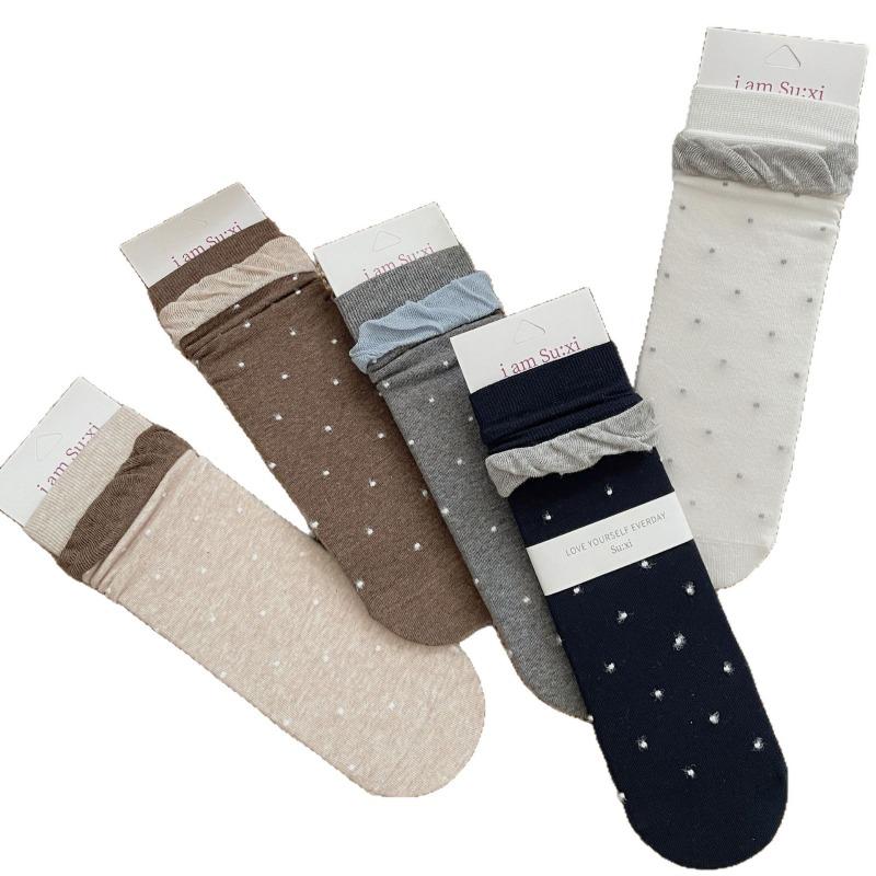 Autumn and Winter Personalized Retro Style Socks, Women's Bubble Lace, Flocked Polka Dot Pile Socks, Pure Cotton Boneless Mid-calf Socks