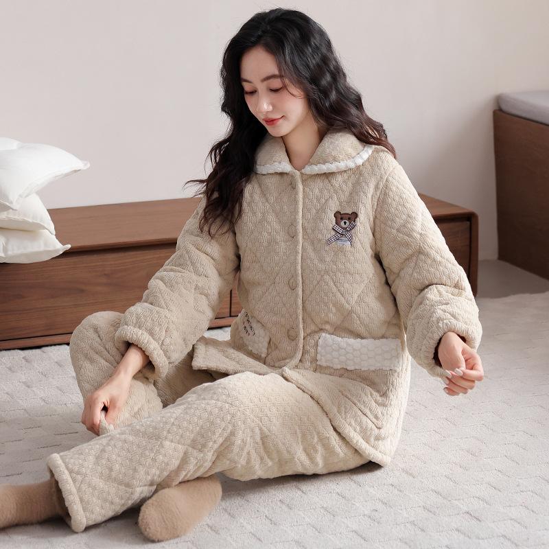 Three-Layer Padded Pajamas Women'S Winter Coral Fleece Thickened And Fleece Padded Jacket Thermal Suit Can Be Worn Outside Loungewear In Winter