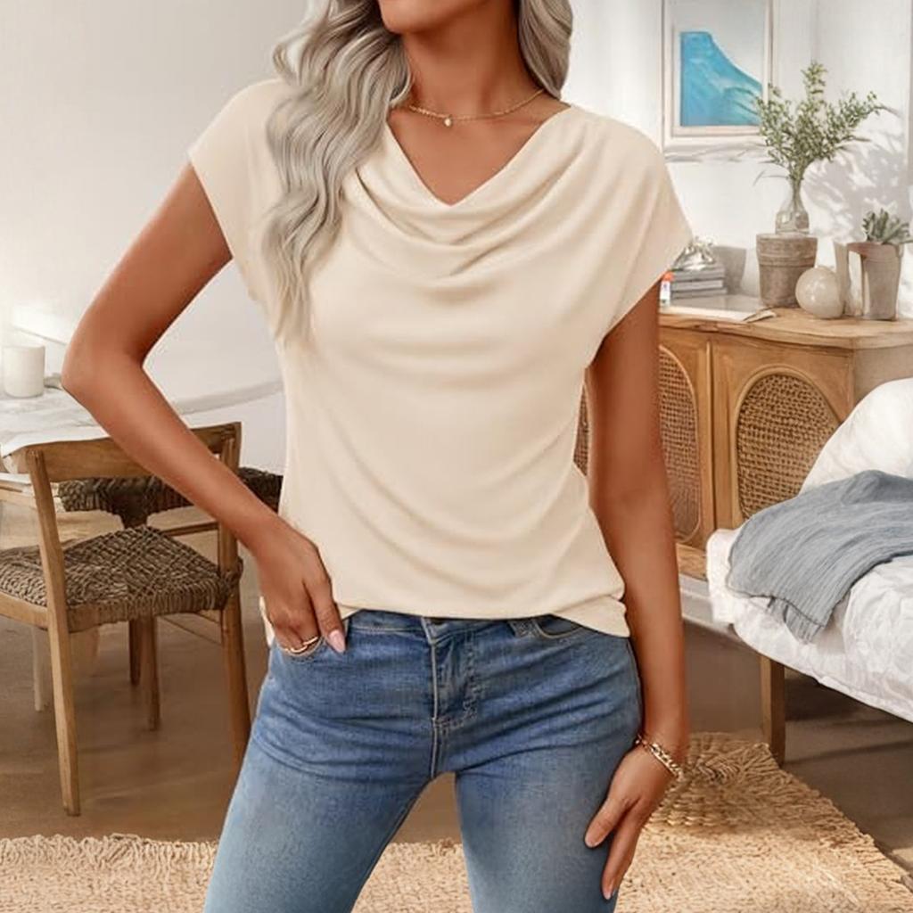 Women's Summer Business Casual Cowl Neck Knit Short Sleeve Tops