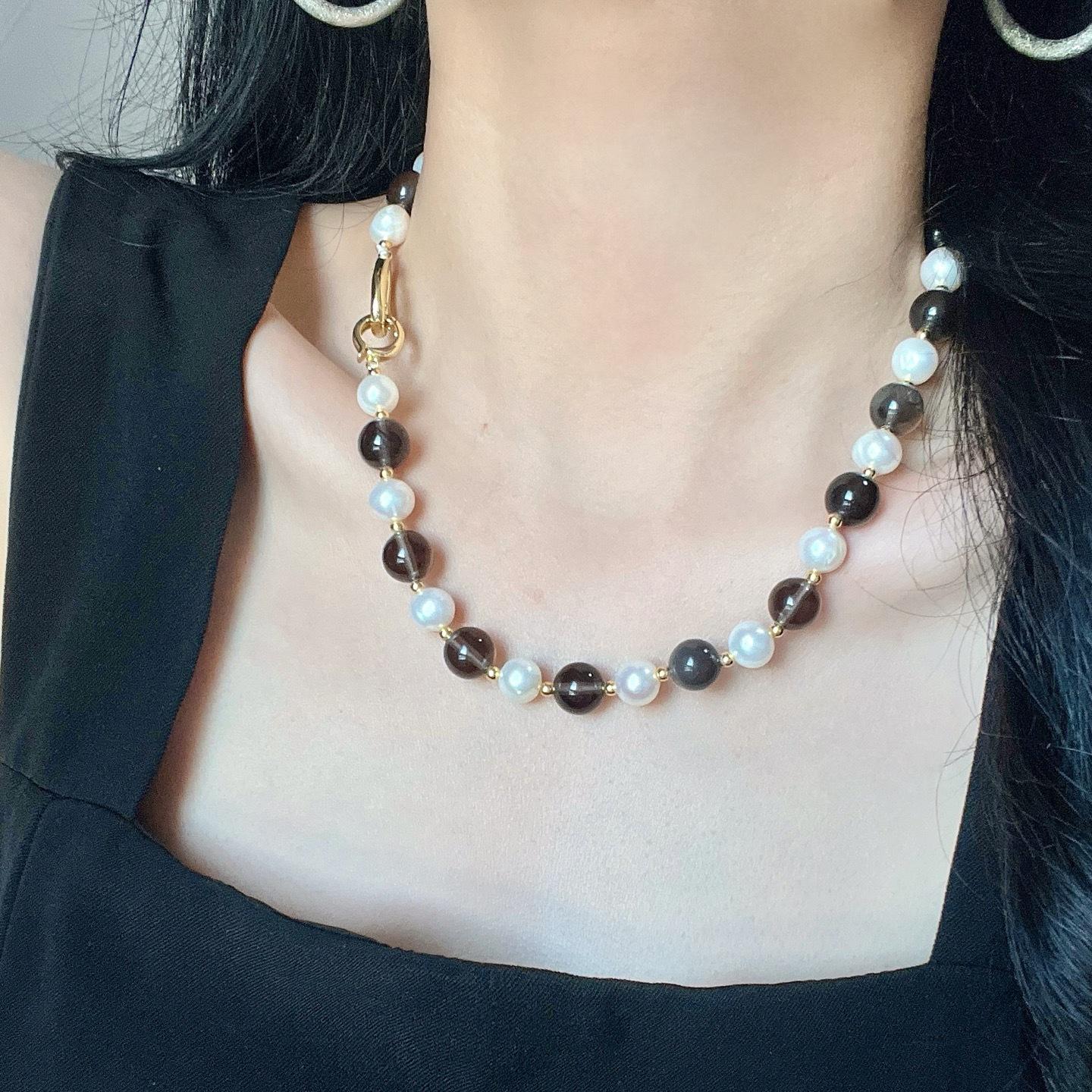 

10Mm Design Natural Obsidian Artificial Crystal Pearl Necklace Clavicle Chain