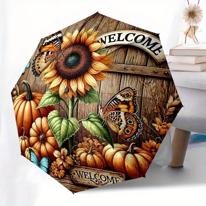 Autumn Welcome Sign with Sunflower, Butterfly, and Pumpkins Decorative Fall Door Hanger for Home Outdoor Garden Decoration Umbrella, Cute Umbrella wit